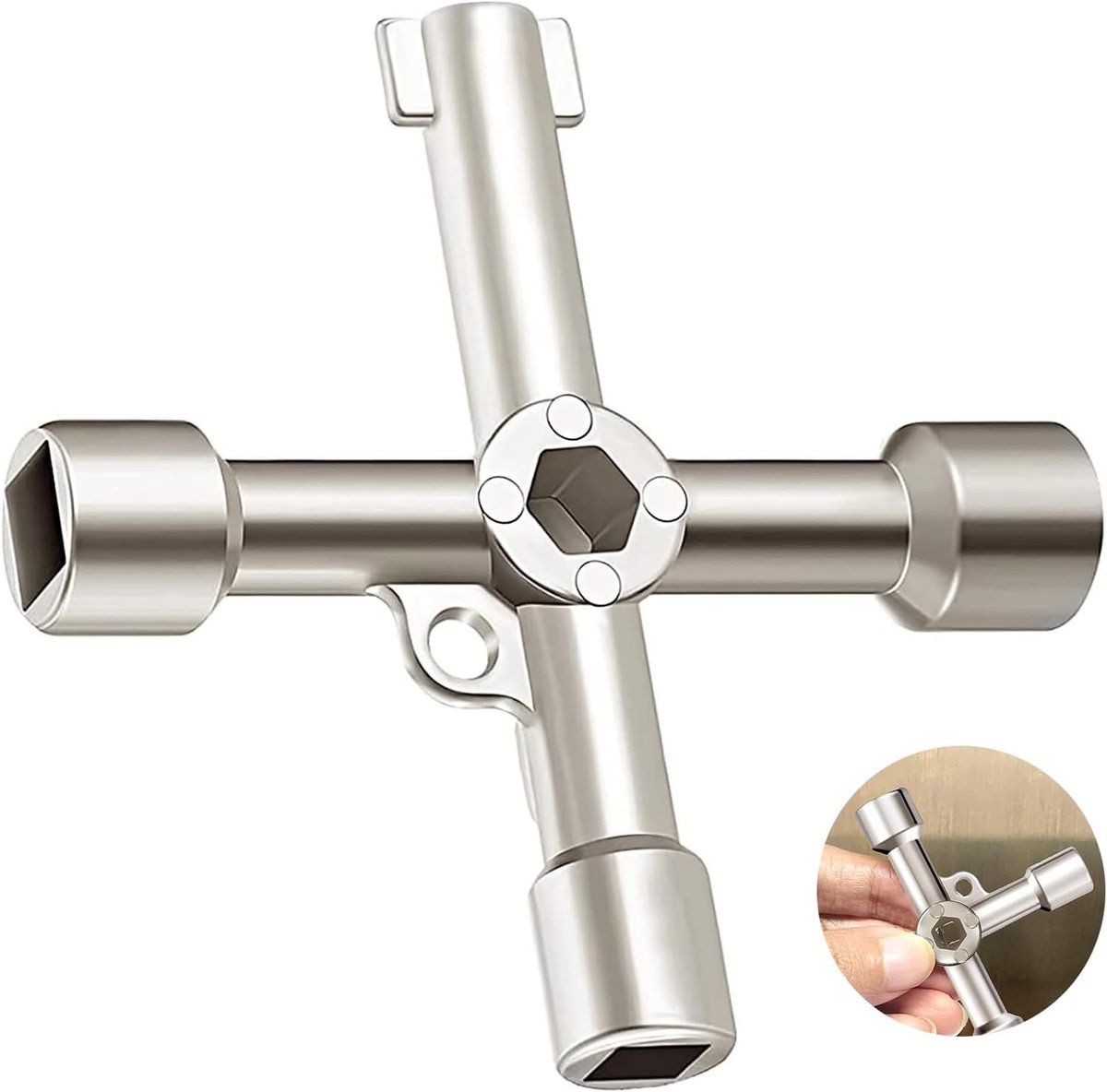 Sleutel, Gas Sleutel, 4-Way Multifunctionele Nutsleutel, Elektrische Kast Sleutel voor Kast, Water, Gas, Elektrisch & Sanitair Toepassingen, Zilver