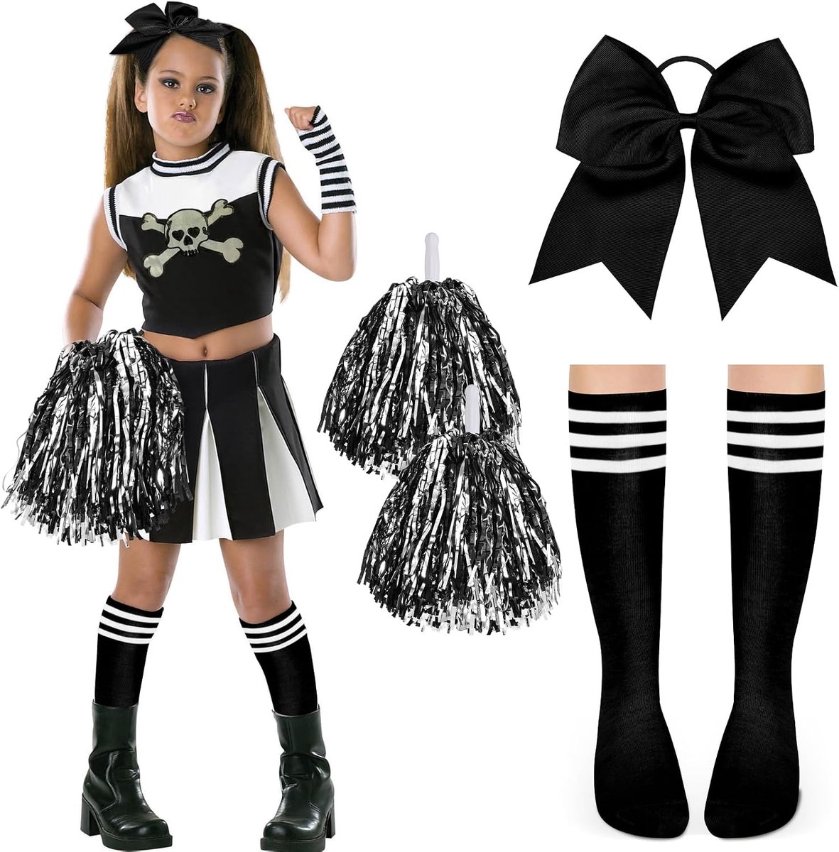 Dames cheerleaderkostuum accessoires, meisjes cheerleader kostuum carnaval dames meisjes voetbal kostuum accessoires cheerleader pompons zwart strikken haarelastiekjes kousen dames Halloween