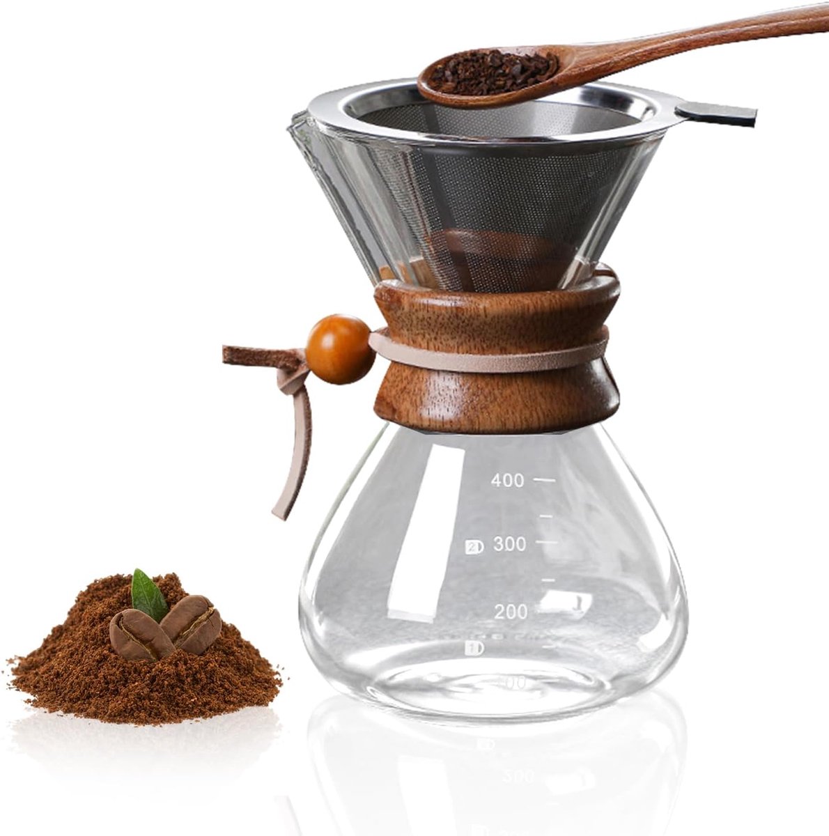 Pour Over koffiezetapparaat, 400 ml, met karaf en roestvrijstalen handfilter, permanent filter van glas voor 1-2 kopjes