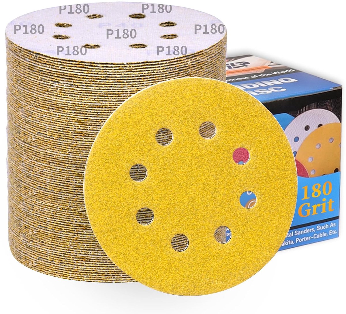 100 Stuks Schuurschijven 125mm Korrel 180 Klittenband Schuurpapier Ronde 8 Gaten Goudgeel Schuurpads voor Excentrische Schuurmachine
