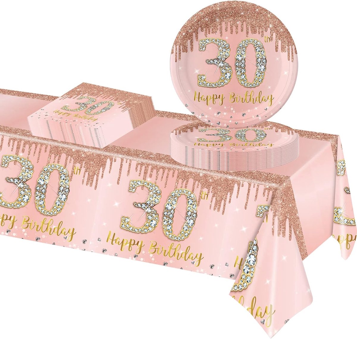 37 stuks roségoud 30e verjaardag servies set, Happy Birthday Party Servies Set, Rose Gold Paper Plates 9 Inch Servetten Tafelkleed voor Vrouwen, Haar 30e Verjaardagscadeaus Feestbenodigdheden