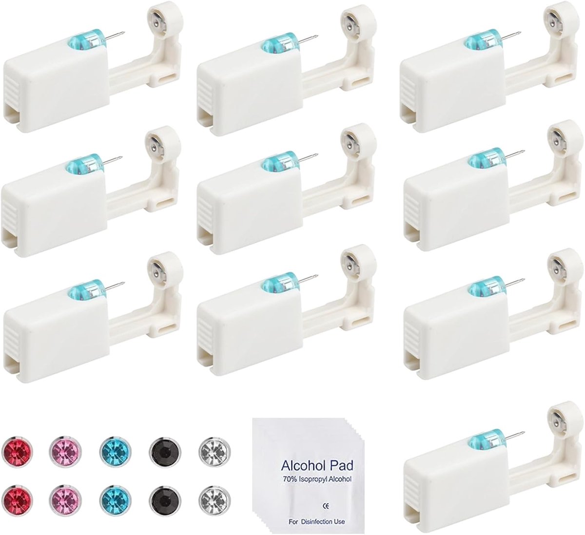 10-pack wegwerp oorpiercingpistool, wegwerp oorpiercingset met studs, aseptische zelf-oorpiercingpistool kit gereedschap, pijnloze veilige oorpiercingset voor vrouwen mannen meisjes jongens, gemengde