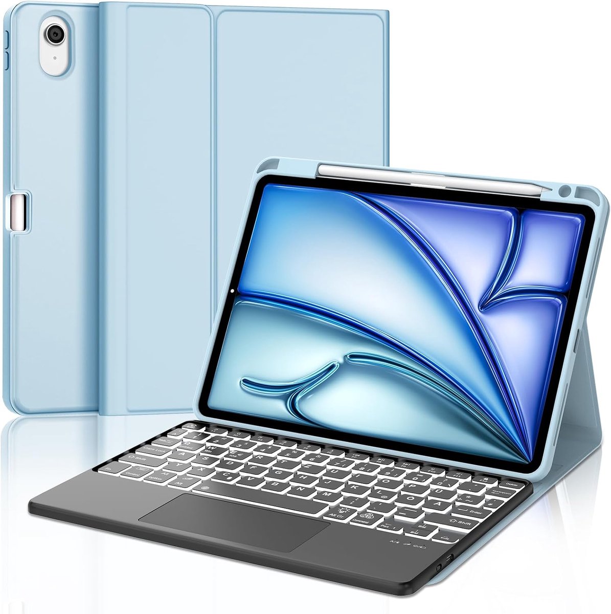 Toetsenbord voor iPad Air 11 2025 M3/2024 M2 met Touchpad, beschermhoes met penhouder, hoes met Bluetooth Magnetisch QWERTZ verlicht toetsenbord voor iPad Air 7e / 6e generatie 11 inch M3/M2, blauw