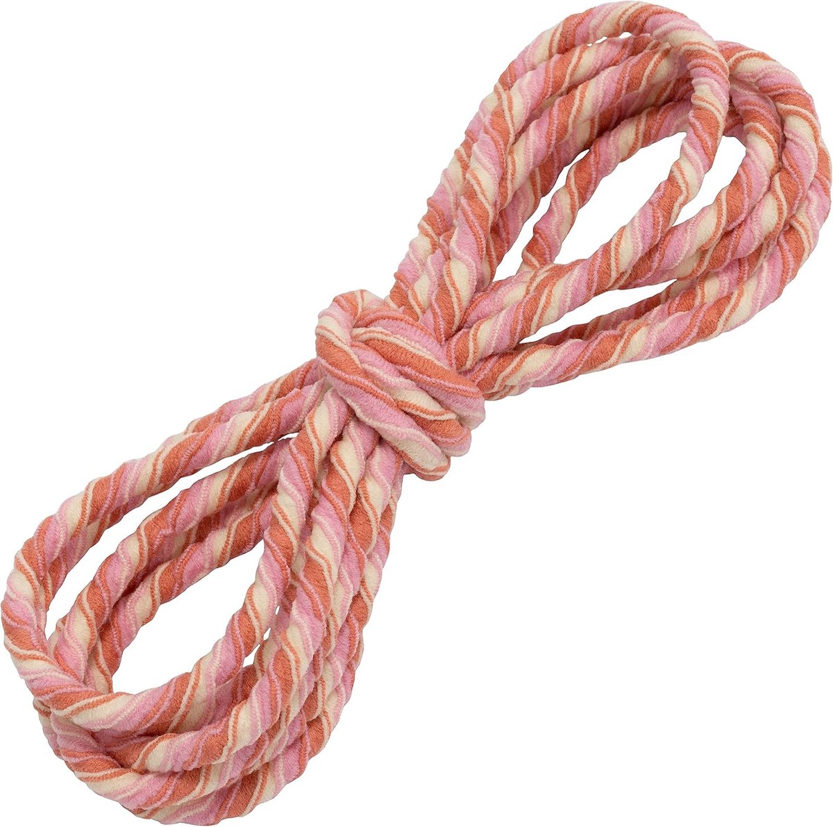 - C67322 - Elastiek band/sierkoord rond 2 m - diameter 5 mm - kleur roze/wit/koraal - confectie korte kleding naaien sportkleding stof riem broek touw