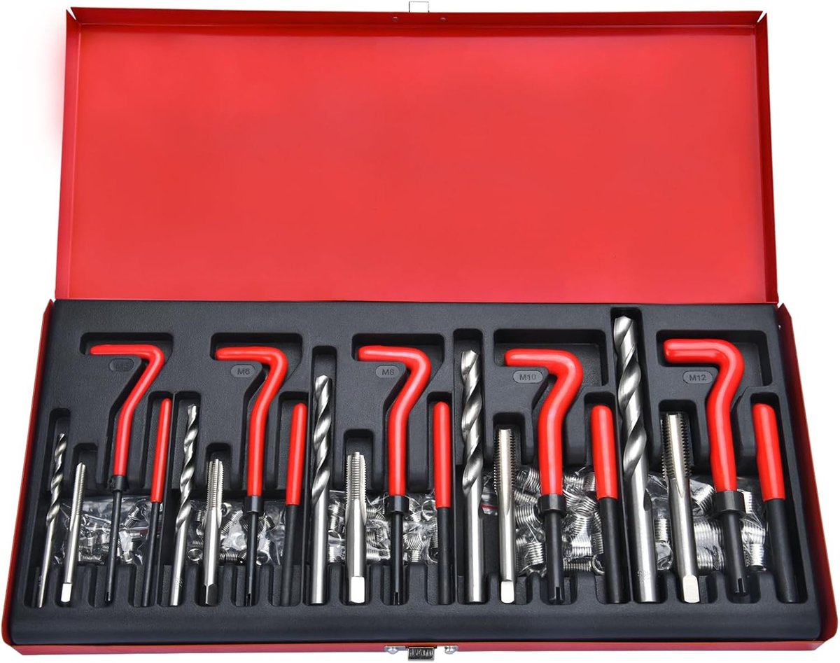 Schroefdraadreparatieset schroefdraadreparatieset Helicoil boorhulzen voor auto's, schroefdraadhuls, schroefdraadinzetstukken, gereedschap voor autoreparatie (rood, 131-delig)