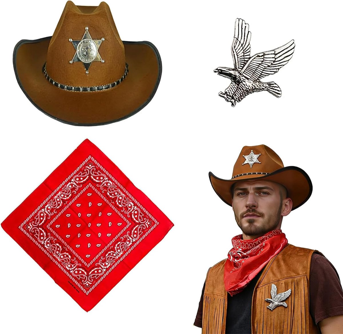 Cowboykostuum Accessoires Set, Western cowboy accessoireset, Deluxe cowboy accessoires, met hoed, bandana, broche, voor Halloween, gemaskerd bal, cosplay feestjes. (driedelige set)