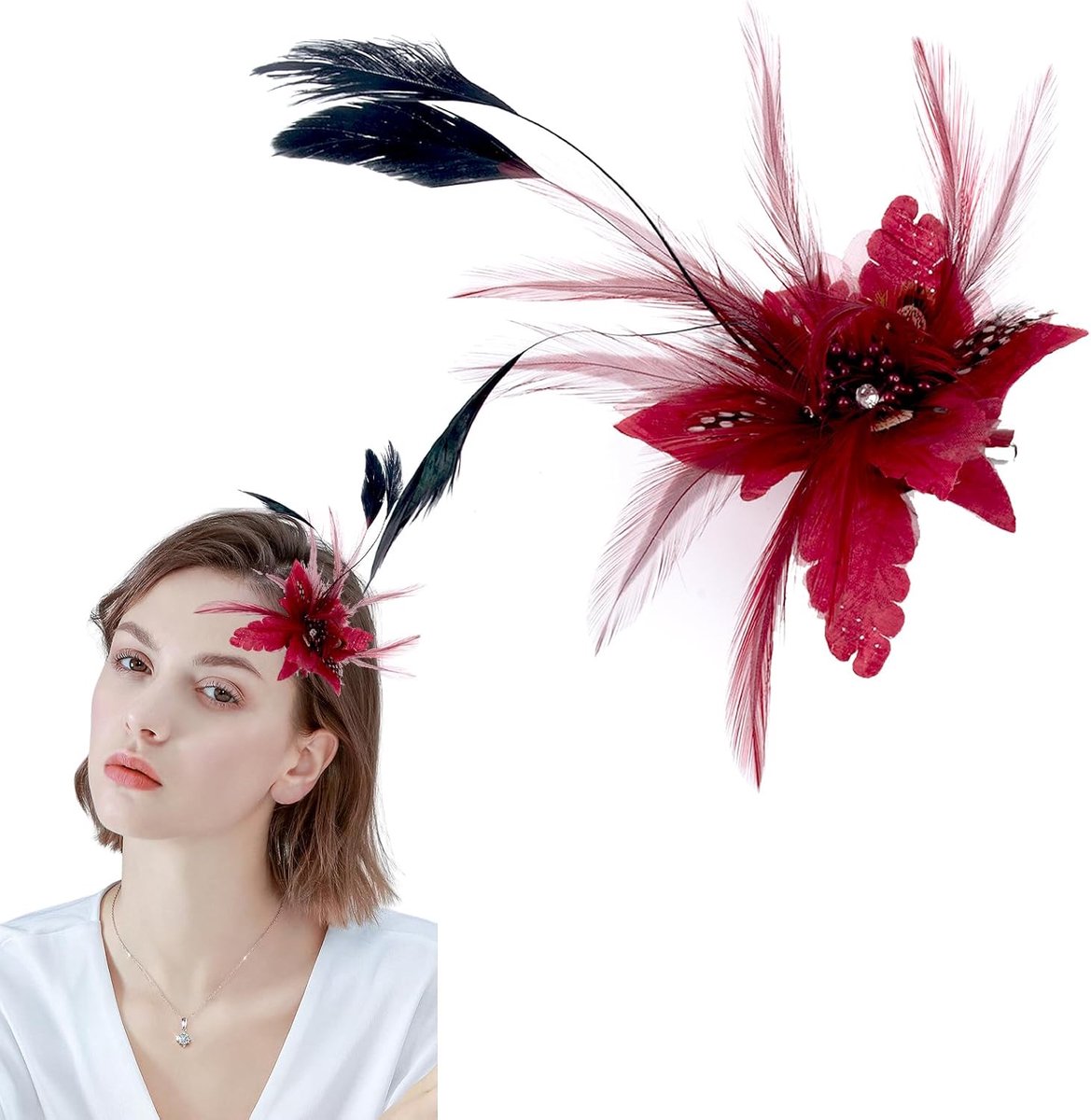 Fascinator Met Veer en Snavel, Veren Bloem Haar, Zwarte Broche Pin Haaraccessoire voor Bruiloft - Dames en Meisjes