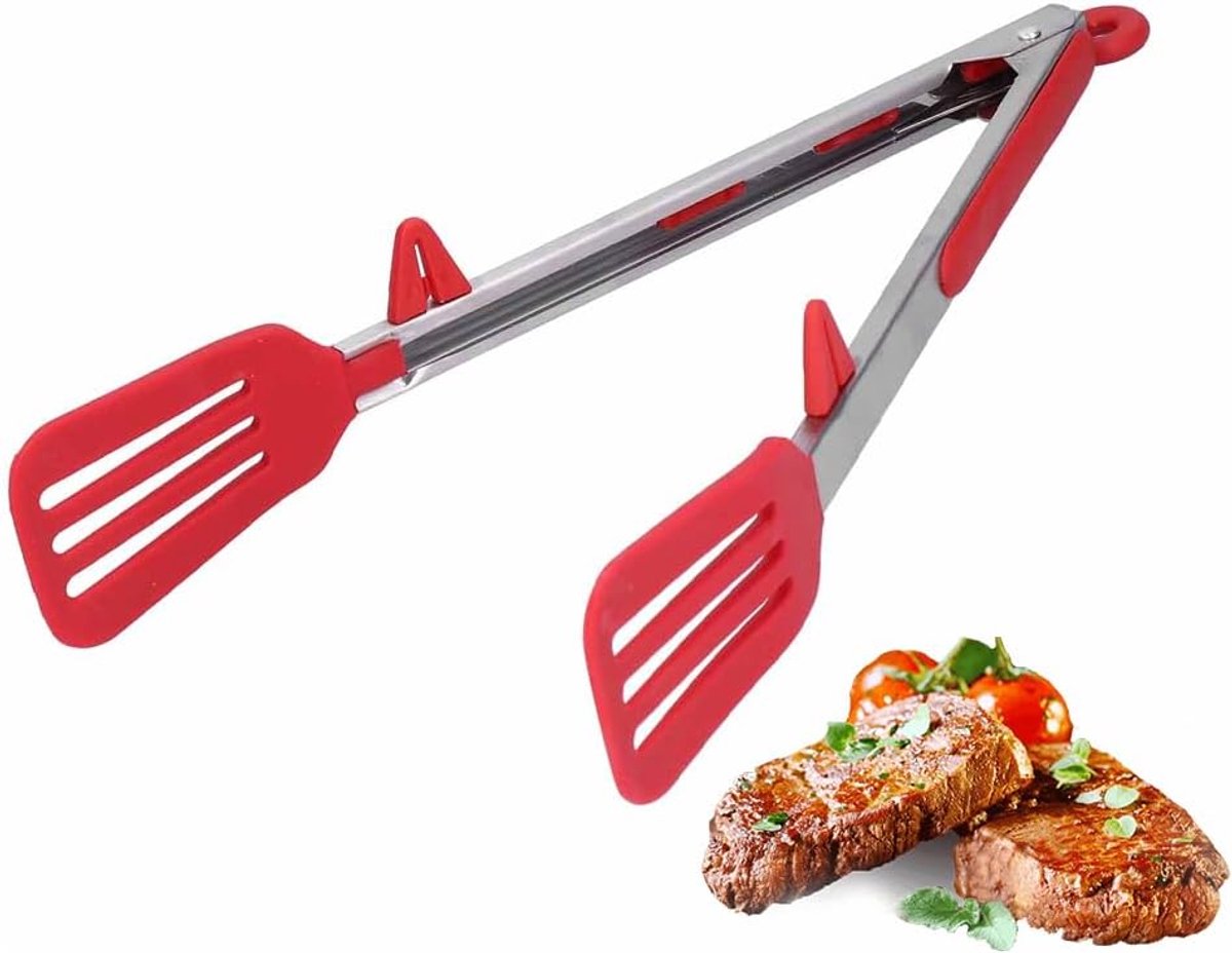 9in/12in RVS Siliconen Serveertang Voedsel Spatel Klem Kooktang Non Stick Vis Spatel Barbecue Steak Tang(12inch-Rood)