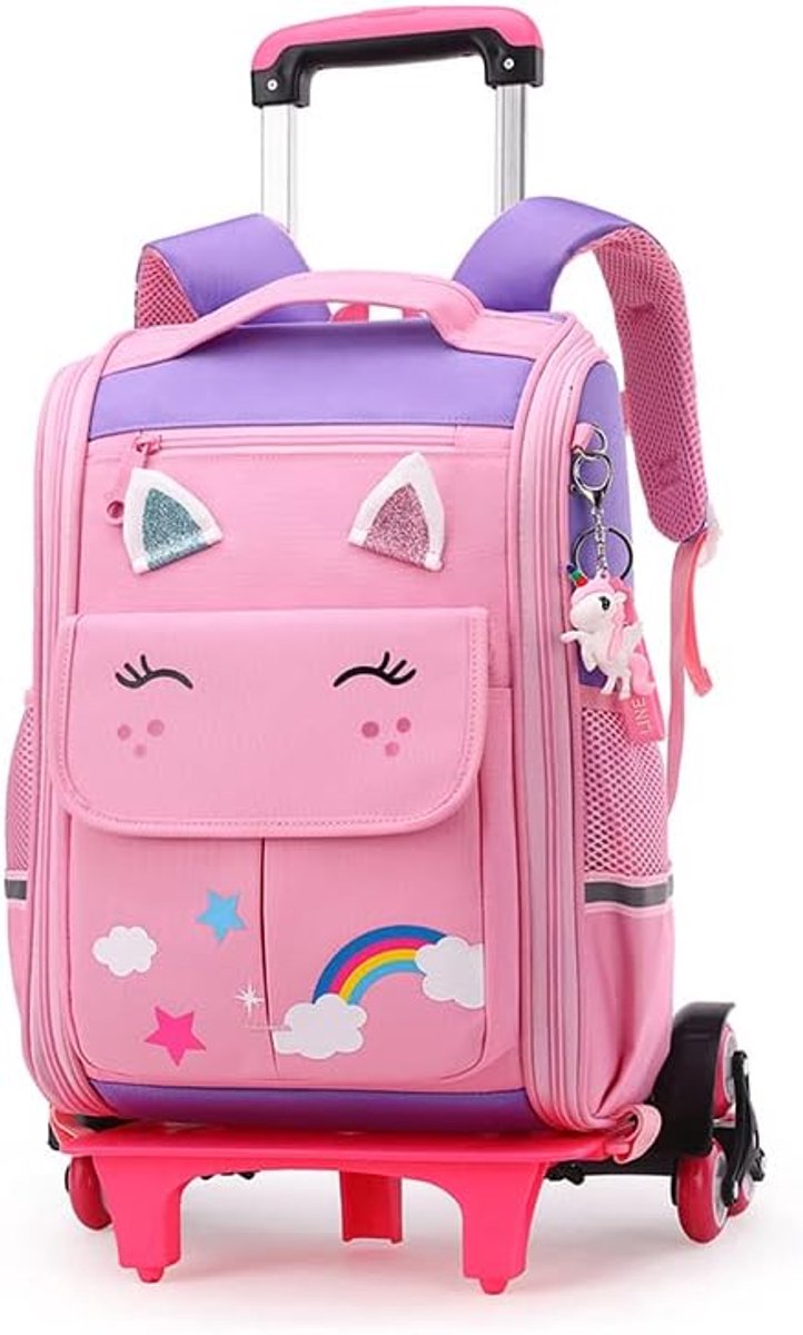 Trolley rugzak met 6 wielen, 40,6 cm, lichte schooltas met wielen voor meisjes op de basisschool, afneembare schoolrugzak, trolley voor school, reizen, 1-3 klas, roze paars, Rolling Backpack