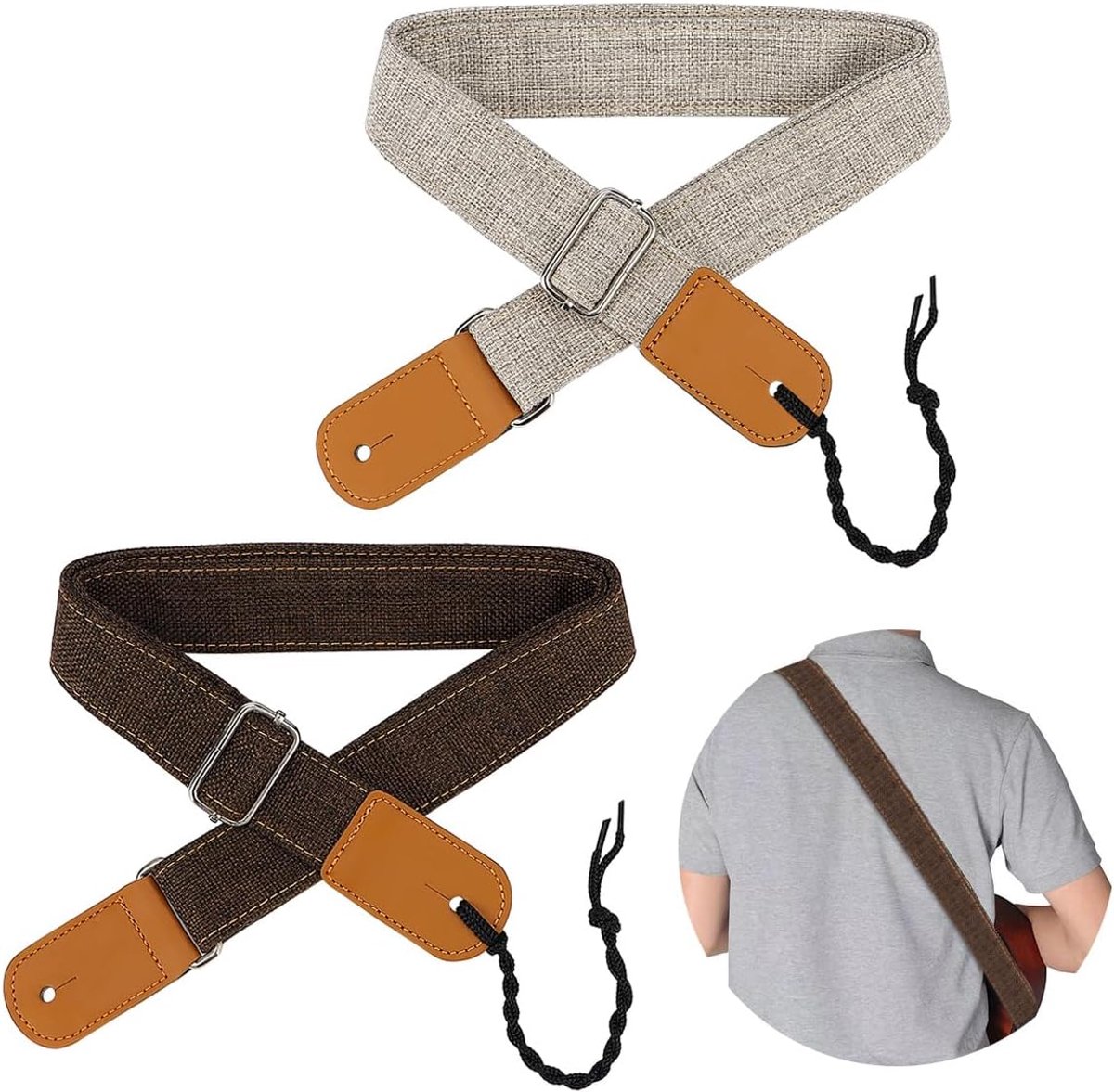 2 stuks ukelele riem, westerse gitaarband, country-stijl, katoenen gitaarriem met lederen uiteinden, verstelbare banjo-riem, voor elektrische bas, kleine gitaar (grijs + bruin), grijs/bruin,
