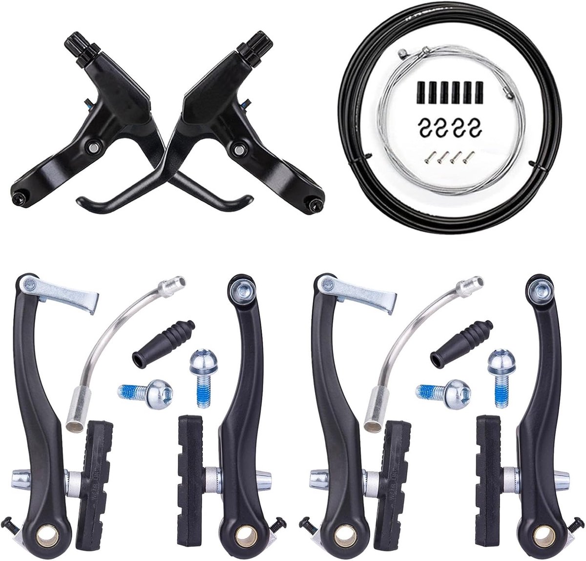 Remmen voor fietsen, V-brake voor en achter rem met 60 mm remblokken, vingerremhendel, fietsremkabel, aluminium