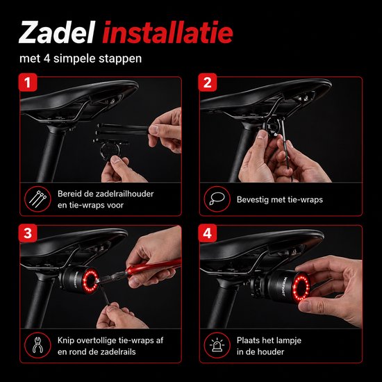 Wieport Fiets Achterlicht met Remsensor - voor Zadel & Zadelpen - USB C oplaadbaar - Zwart — afbeelding 5