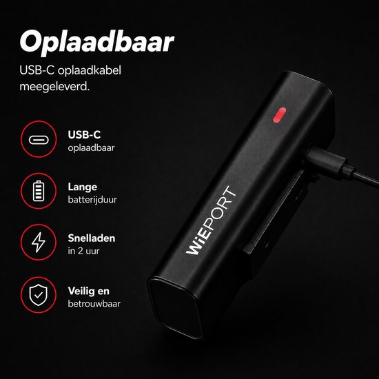 Wieport Fietsvoorlamp - LED Fietslamp - Oplaadbaar - 800 Lumen - Verstelbaar & Universeel - Zwart — afbeelding 3