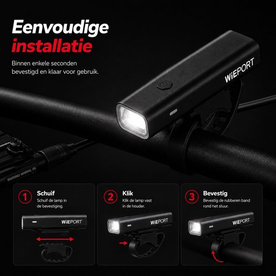 Wieport Fietsvoorlamp - LED Fietslamp - Oplaadbaar - 800 Lumen - Verstelbaar & Universeel - Zwart — afbeelding 4