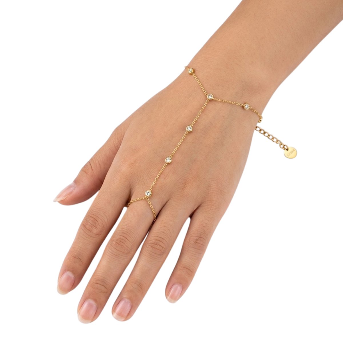 Hand Armband met Vingerring & Bolletjes Accenten - Roestvrij Staal (RVS) - Fijnmazige Handketting met Zirkonia - Finger Chain - Sieraden Cadeau Vrouw