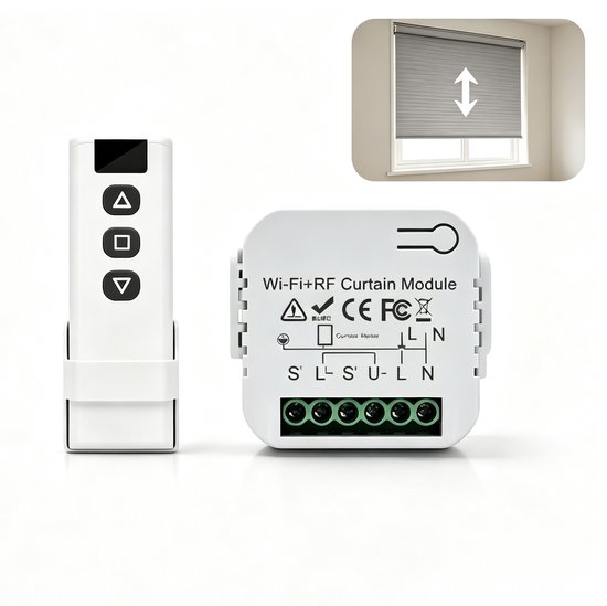 Wi-Fi+RF Rolluikmodule met witte afstandsbediening en een insetfoto van een grijs rolluik bij een raam.
