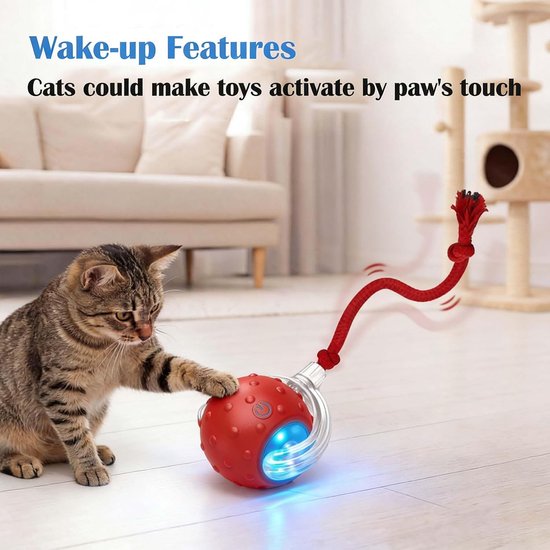 Rode interactieve bal met touw en blauwe lampjes, geactiveerd door de poot van een kat.