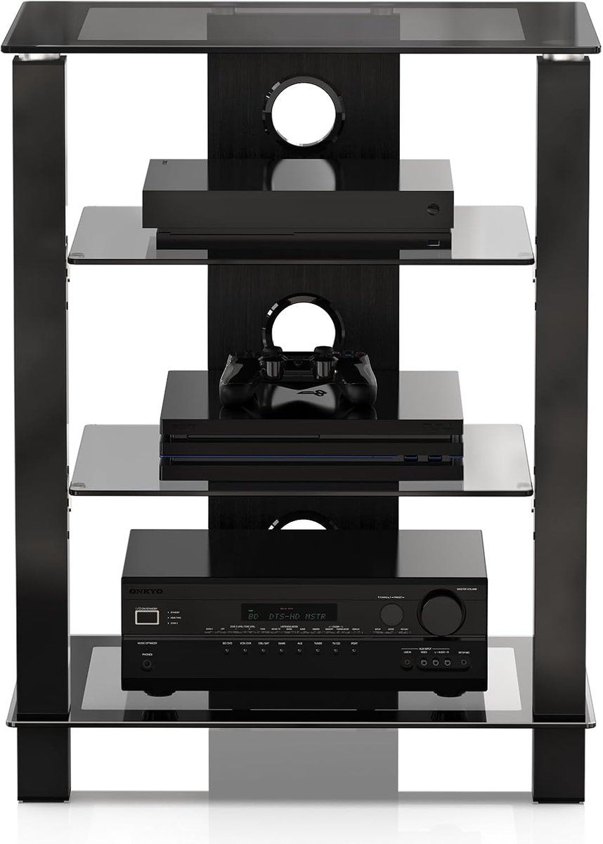 FITUEYES Hifi-meubel - Hifi Rack - 4-laags gehard glas - Hoogte verstelbaar - Kabelbeheer