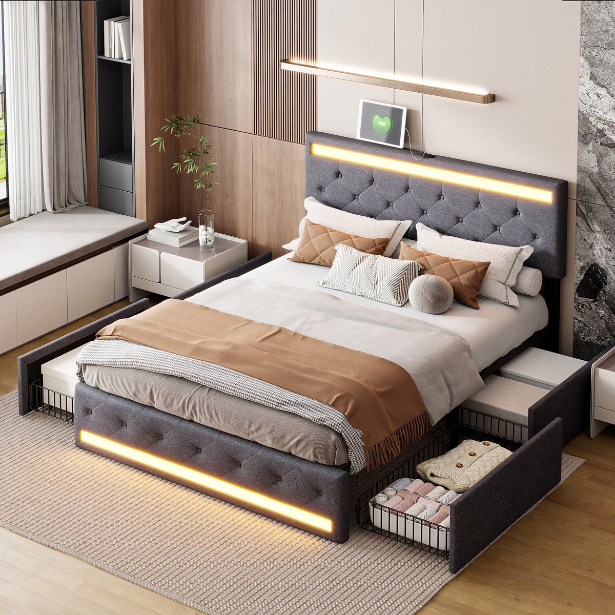 Tweepersoonsbed 140x200 cm, linnen gestoffeerd bed met led hoofd- en voeteneinde, 4 metalen lades, usb aansluiting en opbergruimte, donkergrijs, zonder matras
