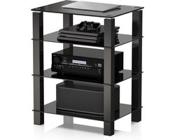 FITUEYES HiFi-meubel - 4 laags gehard glas rek - Hoogteverstelbaar - Verstelbare voetjes - Voor platenspeler en versterker
