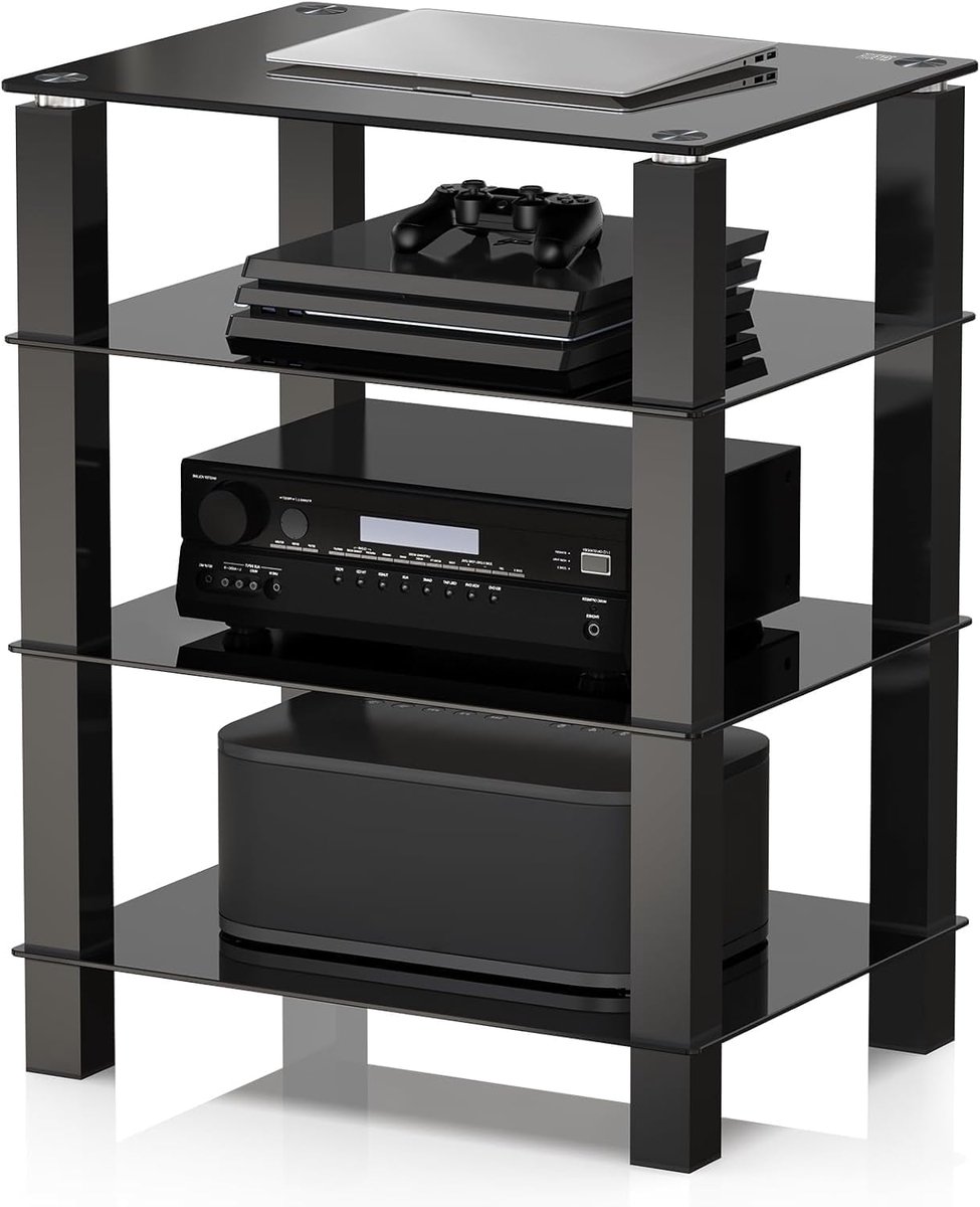 FITUEYES HiFi-meubel - 4 laags gehard glas rek - Hoogteverstelbaar - Verstelbare voetjes - Voor platenspeler en versterker