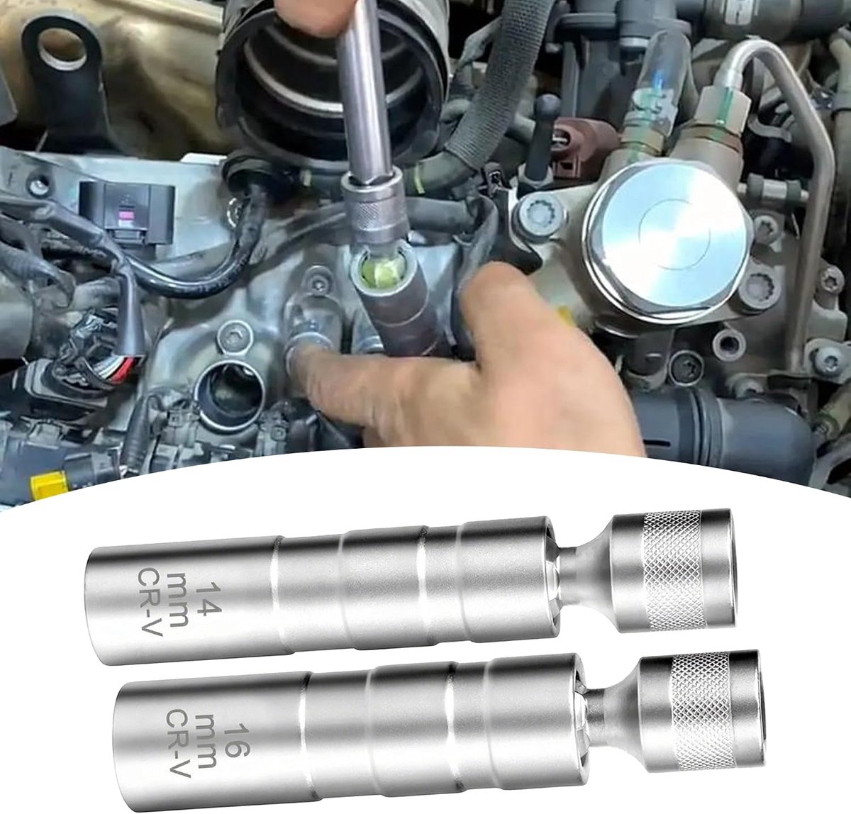 KZQ Bougieset 14 mm & 16 mm - Dunwandig 3/8" aandrijfsleutel voor bougieverwijdering - 12-uurs verwijderingssleutel met 360° draaibare standaarddop - Auto-onderdelen
