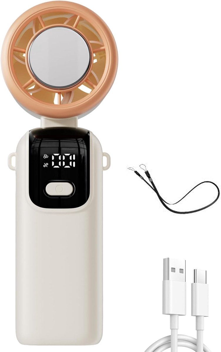 Draagbare handventilator met USB en snelle turbomotor (18650-accu), 2400 mAh, 6 uur gebruiksduur | Oplaadbare mini-handventilator, 6 snelheidsstanden, led-display, lichtgewicht ontwerp – ideaal voor op reis, onderweg en buitenshuis（wit）