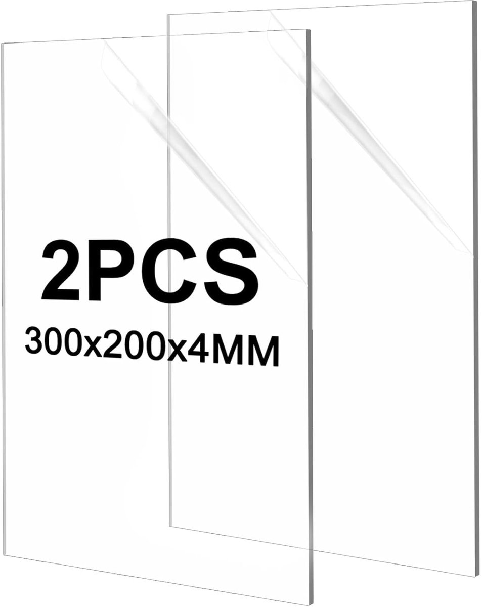 2 stuks acrylglasplaat, 300 x 200 x 4 mm, acrylglasplaat, A4-acrylplaat, transparant, transparante kunststof plaat 4 mm voor fotolijsten, projecttentoonstelling, schilderen, tafelstandaard
