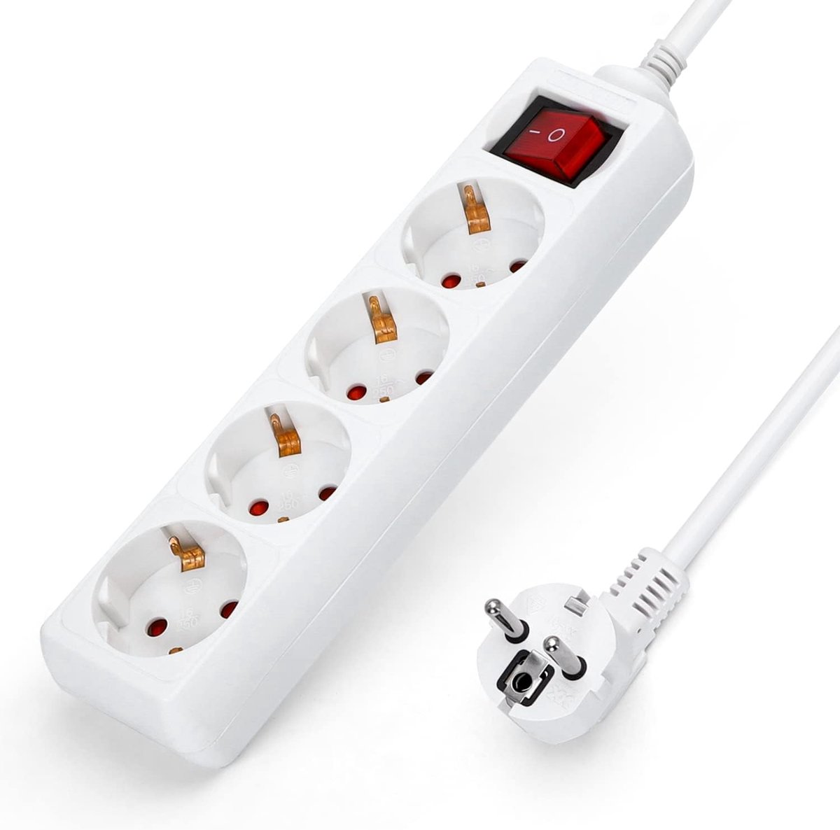 Stekkerdoos 4-Voudig met Schakelaar Kinderbeveiliging, 3g1,5m㎡ 1.5m Kabel Wit (4-voudig, 1.5m)