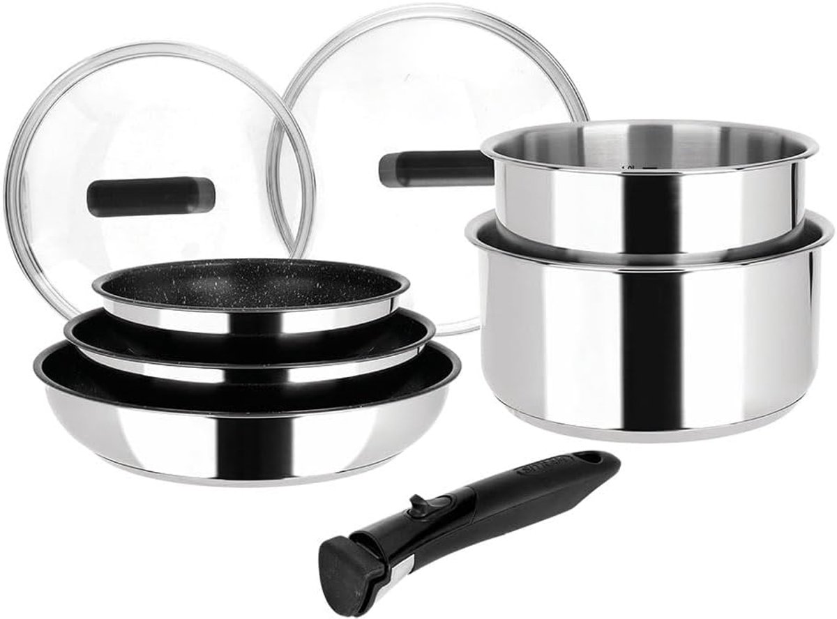 714248 pannenset roestvrij staal 8-delig: 3 pannen Ø 20,24,28 cm + 2 pannen Ø 16,18 cm + 2 glazen deksels Ø 16,18 cm + afneembare handgreep, voor alle warmtebronnen inclusief inductie
