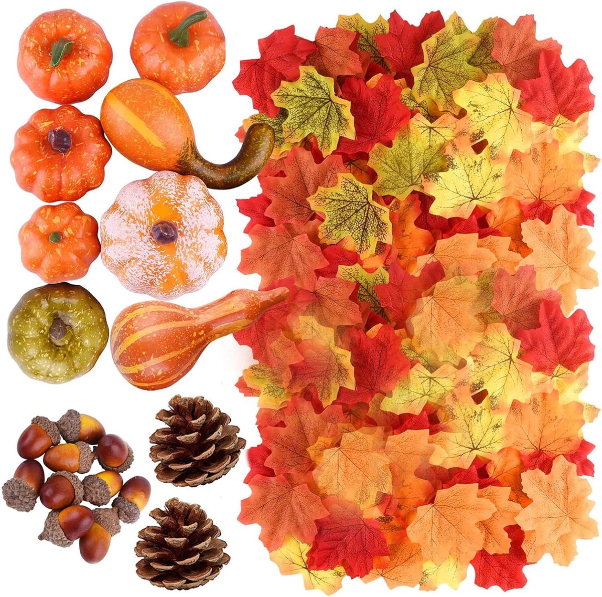 Kunstmatige levensechte pompoenen, kunstpompoenen, dennenappels, herfstbladeren, eikels voor herfst, feestdecoraties, herfstdecoratie, Halloween, Thanksgiving, feestbenodigdheden, 100 stuks