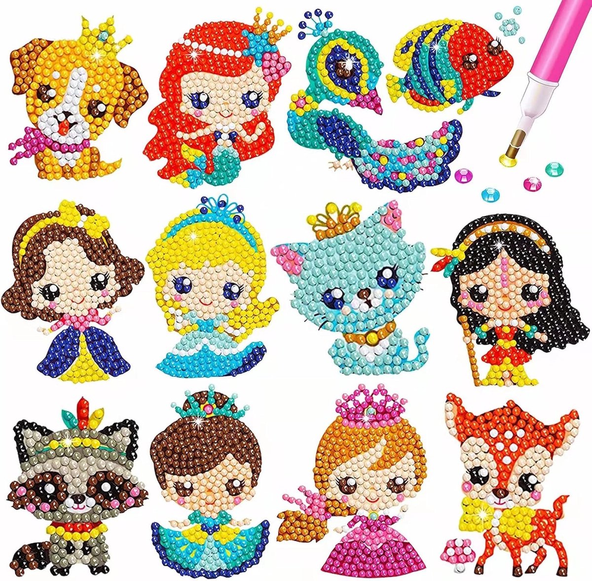 5D Diamond Painting Girls, 12 stuks DIY Animal Painting Dieren Prinses Diamond Sticker Kit Diamond Painting Kits voor Stickers Meisjes Verjaardagscadeau