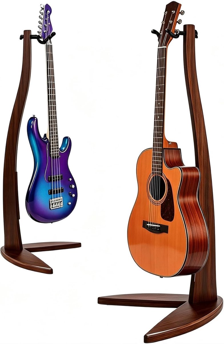 Akoestische gitaarstandaard op de grond, natuurlijke houten gitaarstandaard, unieke gitaarstandaard voor elektrische gitaar, hangende gitaarstandaard voor banjo, mandoline (zwarte walnoot)