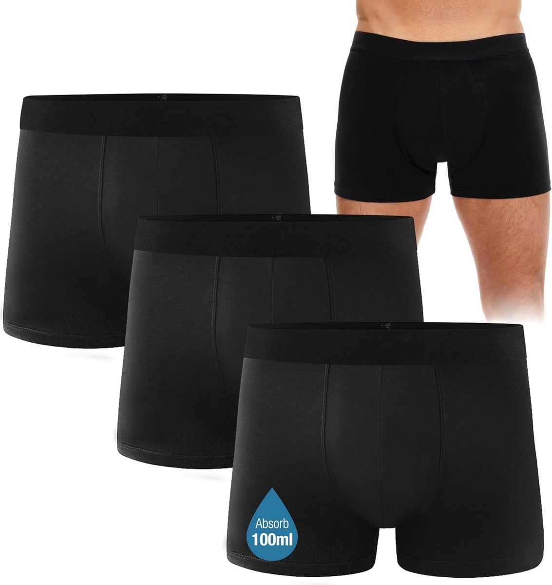 Incontinentie-ondergoed voor heren, zwarte boxershort met beschermpads, wasbaar, herbruikbaar, lekvrij, zwaar absorberend, Zwart, L
