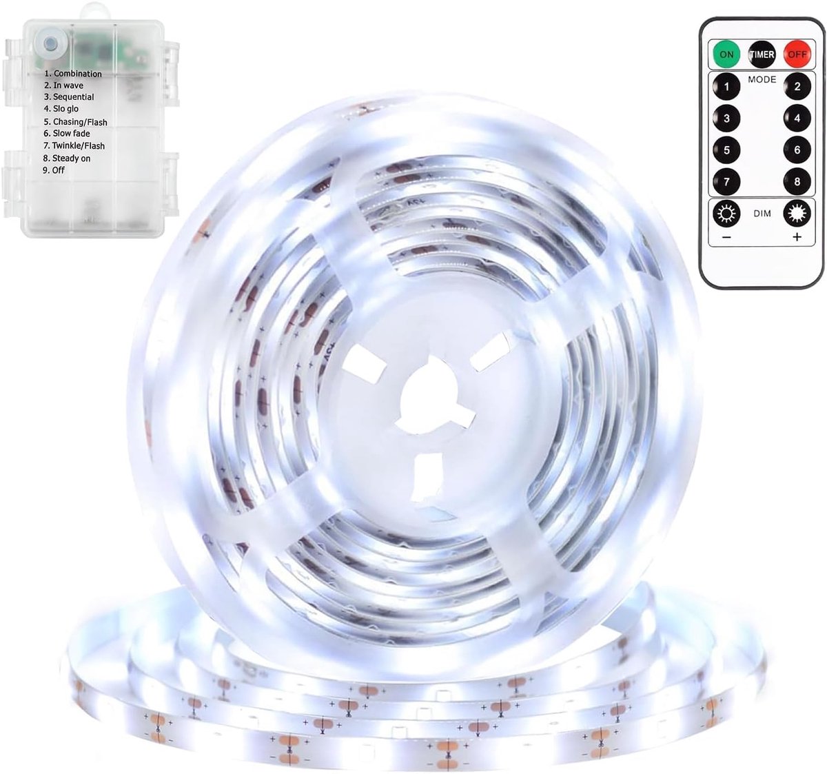 Ledstrip, 2 m, werkt op batterijen, 60 leds, batterij met afstandsbediening, timer, zelfklevende lichtstrips voor tv, slaapkamer, thuis, feestdecoratie (wit)