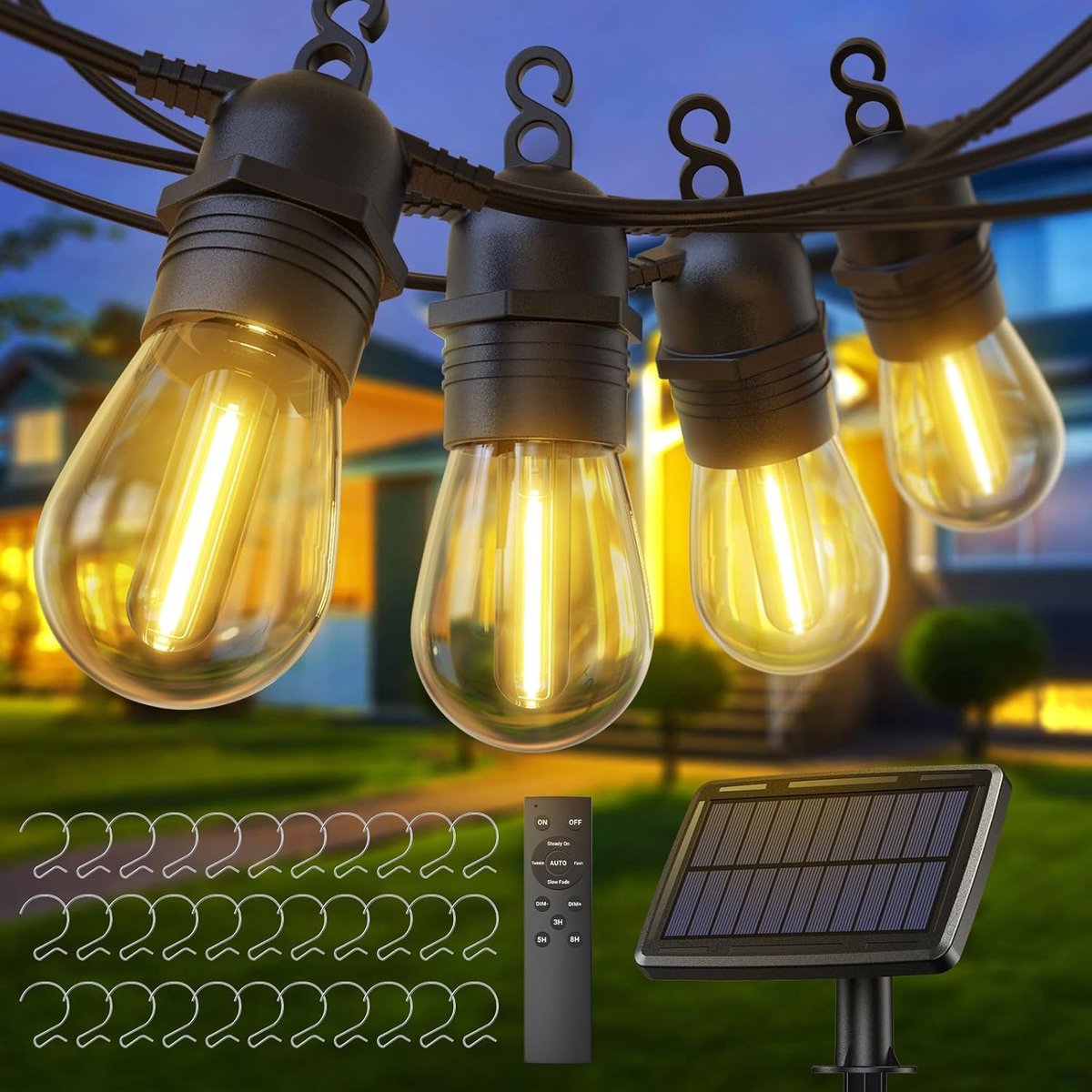 31m String Lights Outdoor Solar, 30 IP65 Splinterbestendige Bollen met Afstandsbediening, USB-C Timer Auto Dimmen Waterdichte solar Lichtsnoer Buiten Tuin Balkon Terras Binnenplaats Garden