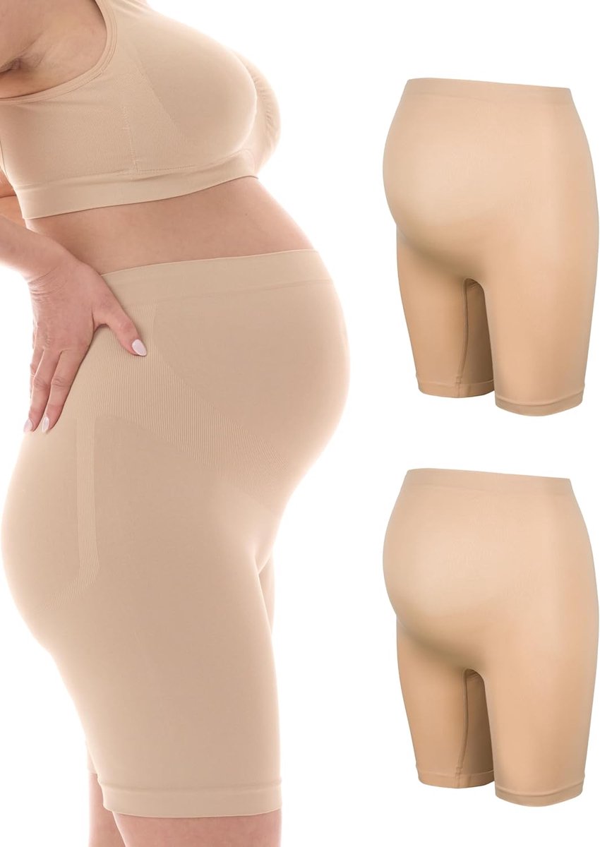 Zwangerschapsslip - Buik Slips - Zwangerschapsslip met lange pijpen - Naadloos-Ondersteunend - Zwangerschapsonderbroek - Beige-Zwart - Set van 1 & 2-5500