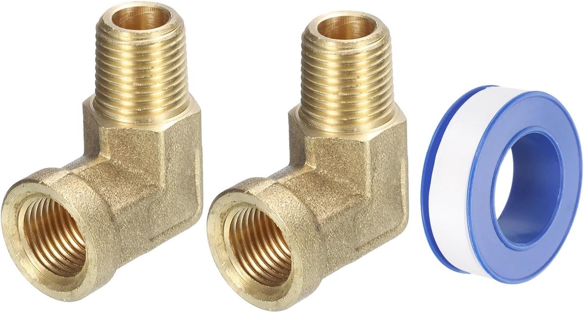 Messing slangkoppelingen 1/8 inch mannelijke NPT x 1/8 inch vrouwelijk NPT, 2 stuks 90 adapters gesmede buisverbindingen hoek graad straat voor gas lucht olie propaan