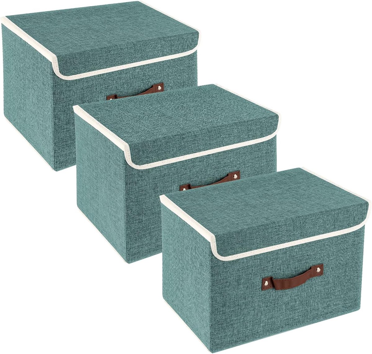 Opvouwbare Opbergdoos met Deksel, Stof, Afwasbaar, Opbergbak met Deksel, 38x25x25 cm, Set van 3, Aqua Deep