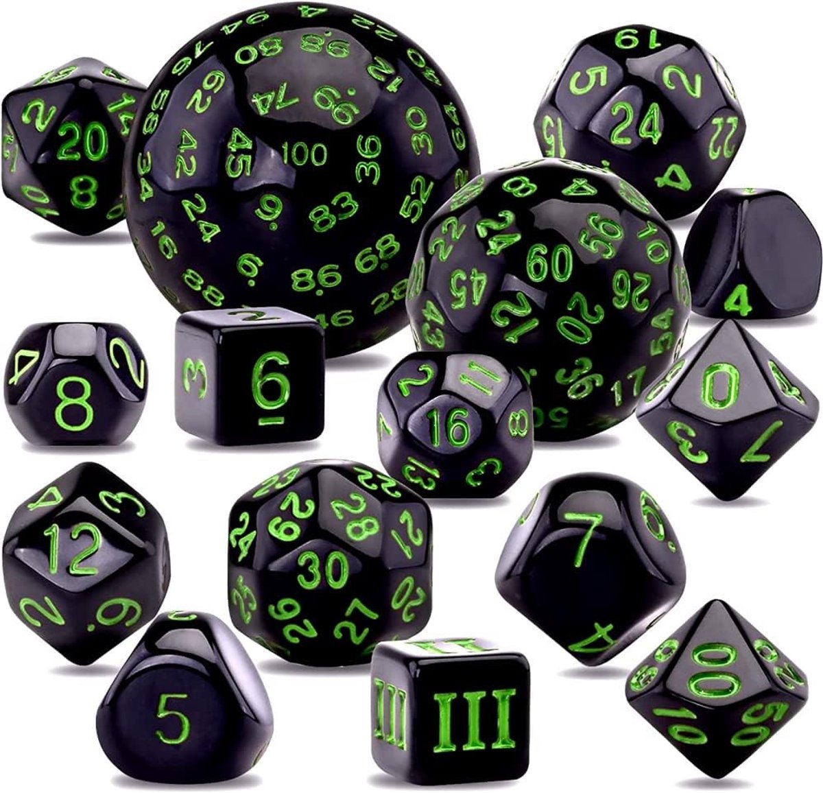 15-delige complete polyhedral dobbelstenenset D3-D100 dobbelstenenset voor rollenspellen tafelspellen zwart en groen