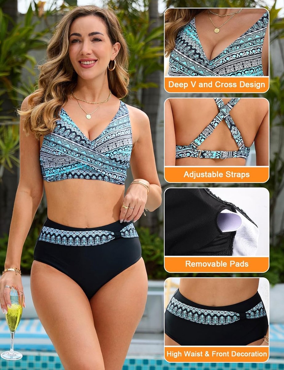 Badpak voor dames met hoge taille, tweedelig, bikiniset, push-up-bikini, gewatteerd bovendeel, verstelbare strandjurk, beachwear