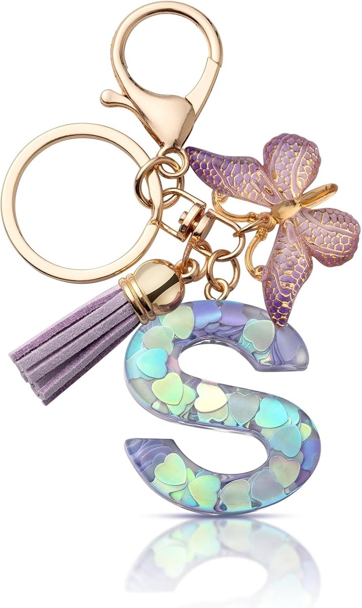 Sleutelhanger met letter meisje sleutelhanger beginletter geschenk vrouwen sleutelhanger vlinder, paars, lila