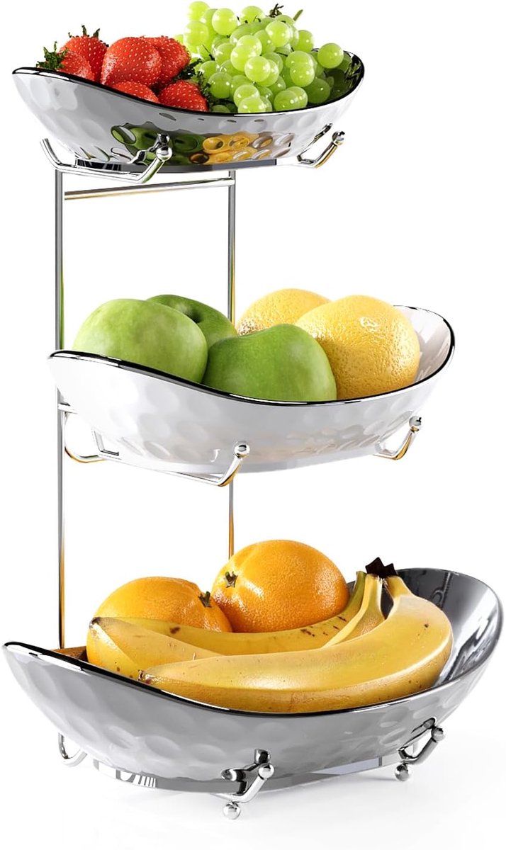 Fruitschaal, keramische fruitmand met 3 niveaus, serveerschaal met metalen rek, porseleinen keukenkommen voor fruit en groenten opslag snack noten dessert taartlade voor feest bruiloft