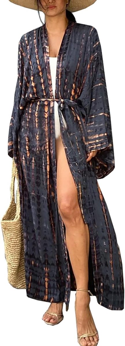 Zomer Lange Kaftan Maxi Bohemian Jurk Strand Coverup Robe Ruim Kimono Een Maat