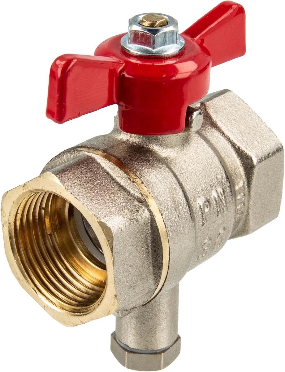 tecuro Kogelkraan met meetvoeleraansluiting M10 x 1 mm, 1 inch IG/IG, met vleugelhendel, temperatuurbestendig tot 130°C, drukklasse PN30, messing vernikkeld