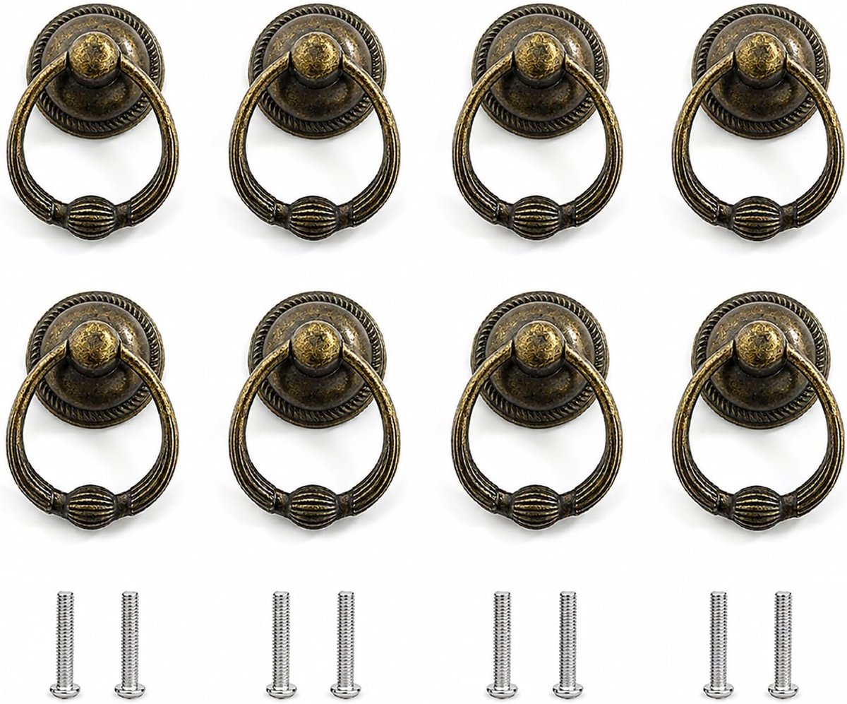 8 stuks antieke ladegrepen, vintage meubelgreep, meubelknop ring, lade knoppen met schroeven, voor meubels, kast, commode, deur, meubelknauf, kleerkast