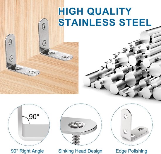 10 Stuks 40x40x16x2 mm L-beugels, Hoekbeugels, 90 Graden Haakse Beugelbevestiging, Roestvrijstalen L-vormige Hoekbeugels, met 40 Stuks Schroeven, voor Meubels Bureau Tafelplank — afbeelding 2