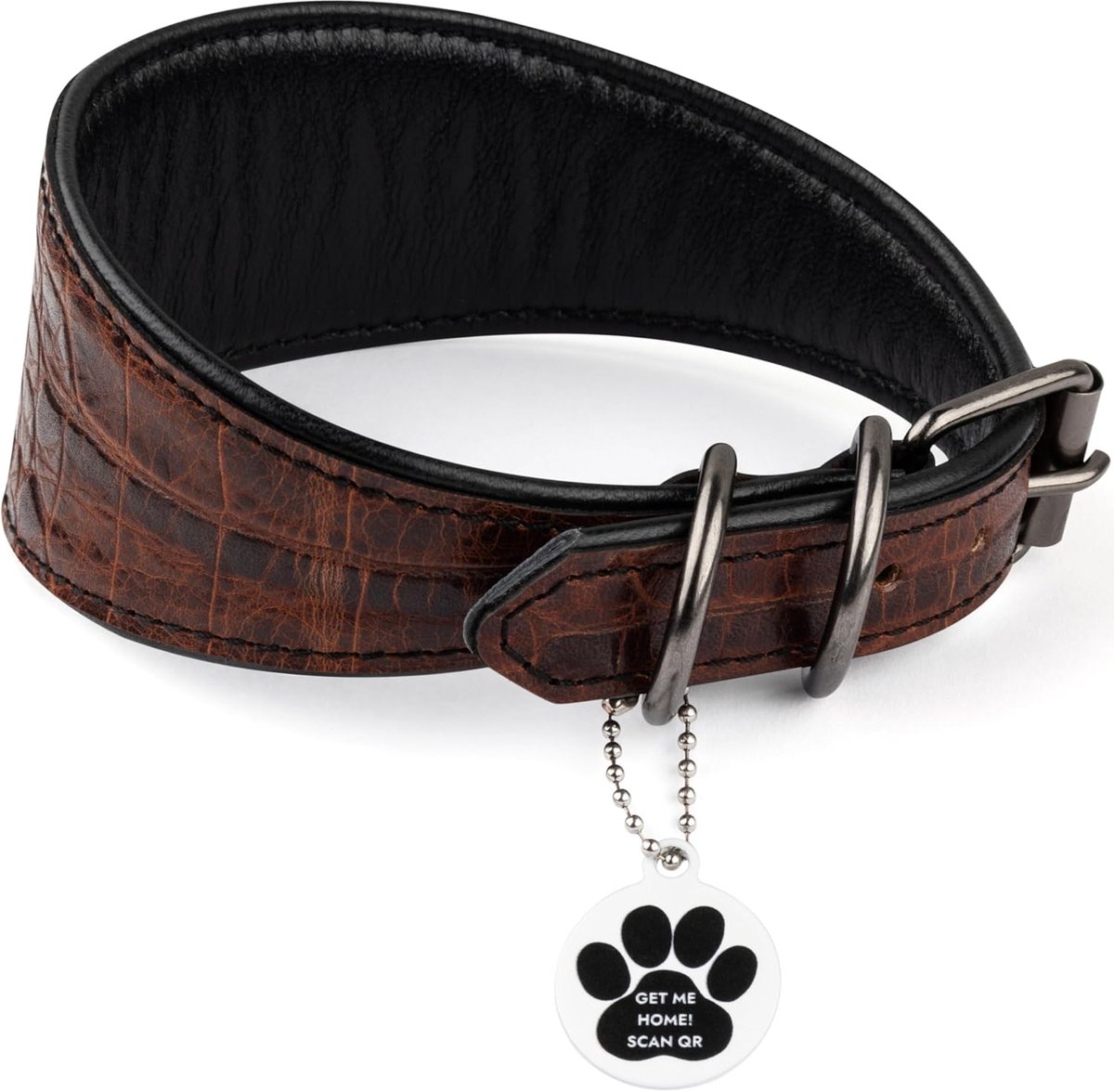 echt leer windhond halsband breed met QR-code hanger, zachte lederen halsband hond breed hippet Italiaans windspel Saluki Lurcher Spaanse Galgo, Greyhound Podenco (bruin, S)