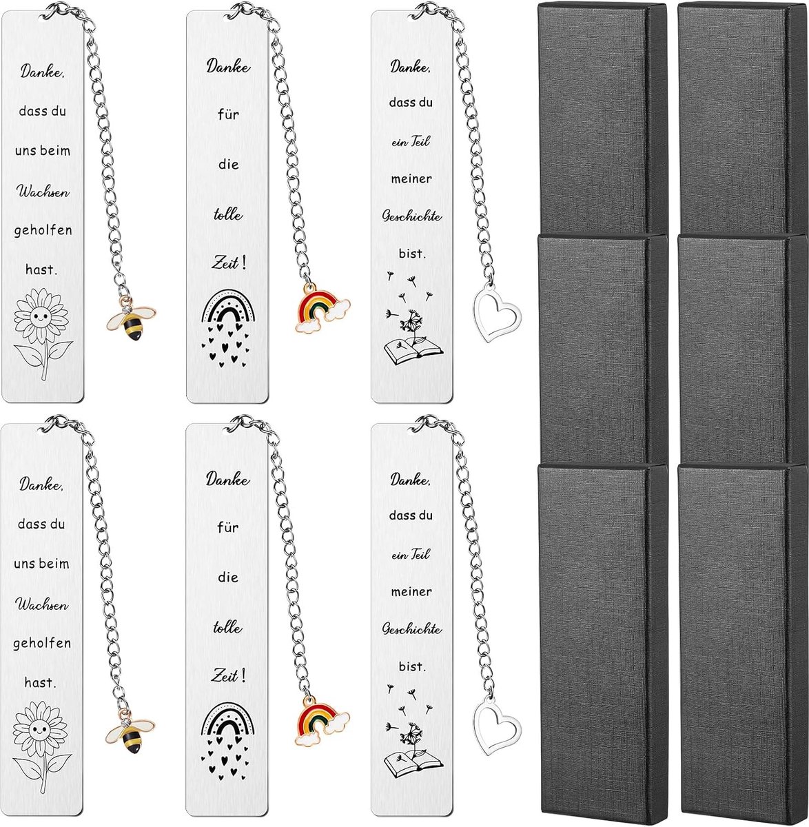 bedankje, afscheidsgeschenken, inspirerende bladwijzer met geschenkdoos, metalen bladwijzer voor leraren, opvoeders, afgestudeerden, verjaardag (6 sets)