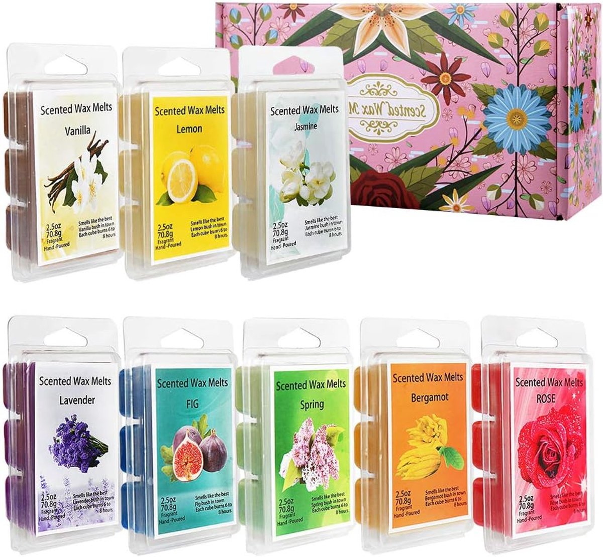 Wax Melts geurwaxblokjes, 100% sojawas, kamergeur, geurkaars, 8 verschillende geuren, cadeauset voor verjaardag, Valentijnsdag, bruiloft, Kerstmis